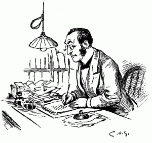 man-with-glass-writing-at-desk-clerk-thank-you-card-paying-bills-dot-is-pen-ink-drawing